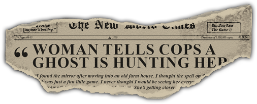 News paper clipping with a headline about a ghost hunting a woman who found a mirror